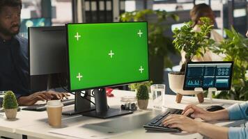 Employee at work having trouble with broken keyboard while using isolated screen PC. Office clerk in workplace unable to continue work on mockup PC because of defective computer peripherals, camera A video