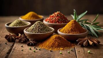 Culinary Spices in Warm Natural Light on Rustic Surface photo