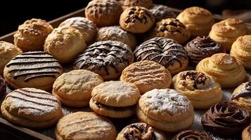 Delicious Pastries and Cookies Arranged in Warm Bakery Setting photo