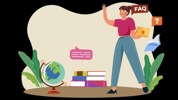Woman Standing Near Globe and Books 2D Animation, Educational Explainer Animation, Character Animation for Learning, video