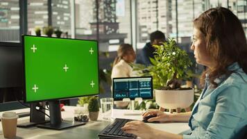 Office clerk working on isolated screen PC to hit key performance targets for revenue and profitability. Employee looking chroma key computer monitor doing research analysis video
