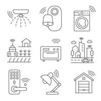 Smart technology line icon set with IoT devices, wireless automation. vector