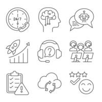 Customer support and AI communication line icons with chatbot, cloud sync, business growth, and service management. vector