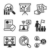 Business analysis and communication solid icon set with data chart, presentation, ideo conference, leadership, and teamwork. vector