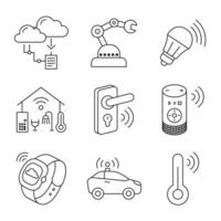 line icon set of smart technology, including IoT devices, automation, AI, and wireless connectivity. vector