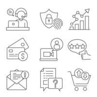 Business and technology line icons featuring customer service, cybersecurity, analytics, online shopping, calls, and financial transactions. vector