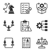 Business strategy and management solid icon set with planning, checklist, product, team structure, workflow, balance. vector