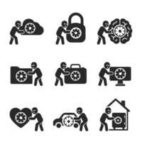 Thief stealing concept solid icon set with vault locks on cloud, brain, padlock, folder, house, computer, heart. vector
