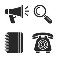 icons set of megaphone, magnifying glass, notebook, idea design communication. vector