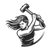 A strong woman swinging a sledgehammer with determination and power. vector