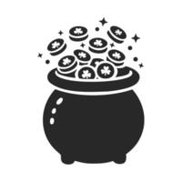 Silhouette of a pot filled with gold coins featuring shamrocks, symbolizing luck and prosperity. vector