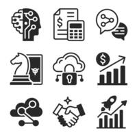 Business strategy and finance icons in solid line style, AI, accounting, data sharing, cloud security, growth, and analytics. vector