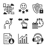 Business and technology icon set in bold line style, featuring cloud computing, data analysis, customer support, user experience, security, and global connectivity. vector