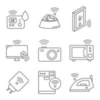 Smart home devices line icon set with wireless connectivity, IoT automation, and digital technology. vector