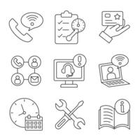 Business service and communication line icons set with customer support, scheduling, and networking. vector
