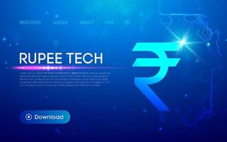 Digital rupee technology interface with glowing Indian currency symbol, futuristic financial background, fintech network connections, abstract neon blue circuit design, and rupee tech innovation vector