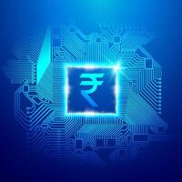Digital rupee symbol embedded in glowing microchip with blue electronic circuit board, futuristic Indian currency icon illustrating fintech system, blockchain concept, and rupee powered digital vector