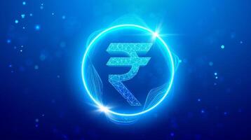 Digital rupee symbol with glowing circular wave and polygon mesh design, futuristic Indian currency icon on blue abstract background, representing digital finance, rupee innovation, and fintech vector