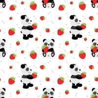 Seamless background pattern of little panda with strawberry vector