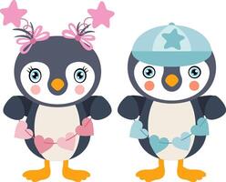 Pink and blue baby penguin holding string of hearts vector