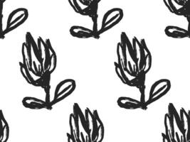 Doodle flower and leaf chalk pattern. Hand drawn ink floral seamless background with abstract nature elements, daisy, leaves, and organic shapes. Graphic botanical design for fabric, packaging vector