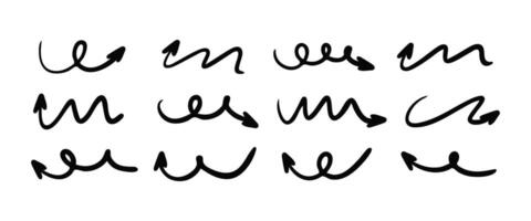 Squiggly arrow set. Hand drawn doodle line fun playful bounce icons, black jump thick motion design elements. Movement symbol vector