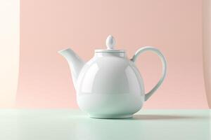 Minimalist still life featuring a clean white ceramic teapot with a curved handle and lid, placed on a light green surface against a soft pastel pink background, evoking a sense of calm and simplicity photo