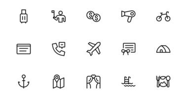 Streamline Travel Booking with Icon pack Designs for Reservations, Flights, and Travel Plans. Perfect for Websites, Apps, and User Interfaces in the Travel Industry. vector