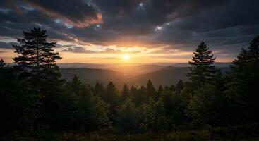 A tranquil sunset casts a warm glow over the forest and distant hills photo