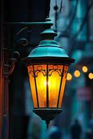 Illuminating Cityscape. A Glowing Street Lamp at Dusk photo