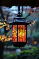 Serene Evening Glow. Illuminated Japanese Lantern Hanging Amidst a Blurred Garden Lightscape photo