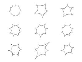 Hand Drawn Comic Starburst Shape. A collection of 9 dynamic comic style starburst shapes featuring sharp curves lines and expressive outlines perfect for pop art highlights and playful graphic element vector