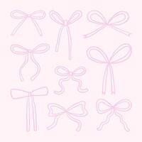 Pastel Pink Hand Drawn Ribbon Bow. A charming collection of 9 pastel pink ribbon bows with various shapes from curly to symmetrical all in soft hand drawn outline style vector