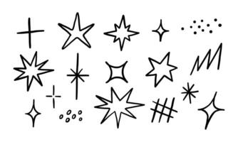 Hand Drawn Unique Sparkle Star Accent. A collection of 17 unique hand drawn sparkle and star doodles featuring bursts diamonds lightning and scattered dots for magical and decorative design accents vector