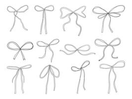 Hand Drawn Ribbon Bow Minimal Line Style. A collection of 12 hand drawn ribbon bows featuring delicate loops long tails and charming contours perfect for elegant decoration and feminine design element vector