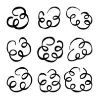 Hand Drawn Cloud Swirl Doodle Collection. A collection of 9 hand drawn cloud swirls featuring loops curls and abstract forms in bold black line art style with playful and airy flow vector