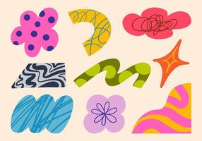 Whimsical Abstract Shape and Pattern. A collection of 9 playful abstract shapes featuring bold patterns swirls stripes and decorative textures perfect for modern graphic design and creative visuals vector