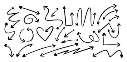 Hand Drawn Curved and Decorative Arrow. A collection of 26 playful hand drawn arrows including curly swirls loops hearts zigzags and directional markers perfect for creative and casual layouts vector
