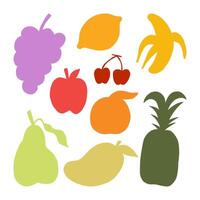 Flat Fruit Silhouette Icon Collection. A collection of 9 flat fruit silhouettes featuring simple iconic shapes including grapes apple banana mango and more perfect for food graphics and playful design vector