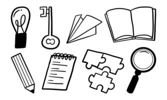 Creative Doodle Line Art Icon Collection. A collection of 8 hand drawn line art icons including book pencil magnifying glass puzzle and more perfect for creative projects and educational visuals vector