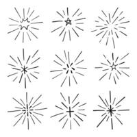 Hand Drawn Starburst Sparkle Line Art. A collection of 9 hand drawn sparkle and burst icons with unique center shapes and expressive rays perfect for magical highlights and celebratory designs vector