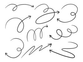 Hand Drawn Spiral and Curly Arrow. A collection of 9 expressive hand drawn arrows featuring spirals loops waves and dynamic curves perfect for playful layouts and creative navigation elements vector