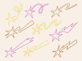 Hand Drawn Shooting Star Outline. A vibrant collection of 9 hand drawn shooting stars with playful trails including loops spirals waves and lightning shapes in neon styled outline vector