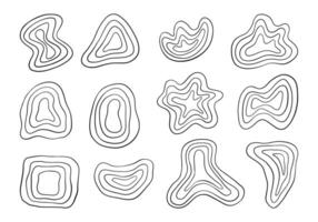 Topographic Blob Contour Shape. A modern collection of 12 abstract hand drawn topographic blobs with smooth layered contour lines in organic, geometric, and playful forms vector