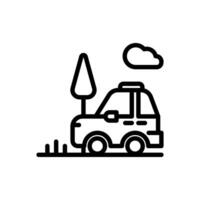A car is driving down a road with a tree in the background. The sky is cloudy, and the car is parked on the side of the road vector