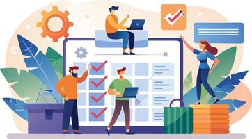 people working on a laptop and checking off items on a checklist vector