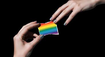 Hands present rainbow flag fragment, symbolizing inclusivity and diversity photo