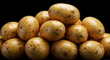 Pile of Fresh Yellow Potatoes Still Life on Dark Backdrop Background photo