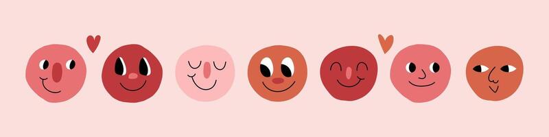 Doodle face set. Abstract comic smiling faces. Crayon drawing style. Different characters vector