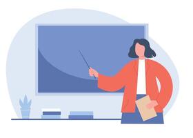 The teacher at the board explains the lesson, gives knowledge. The learning process. flat graphics. vector